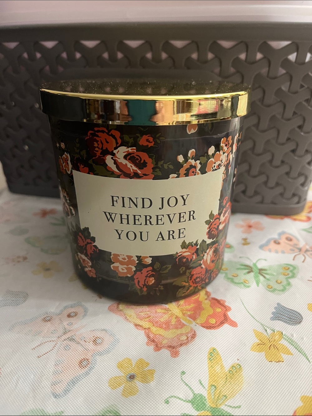 Sonoma Black Jar Candle with Gold Lid and Red Floral Design
